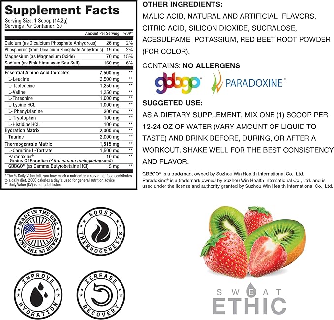 Sweat Ethic Amino Trim Pre Workout Powder with Amino Acids for Men &amp Women 7.5 G EAAS with Electrolytes for Hydration &amp Energy Stimulant Free Sugar Free Strawberry Kiwi Flavor 30 Serving