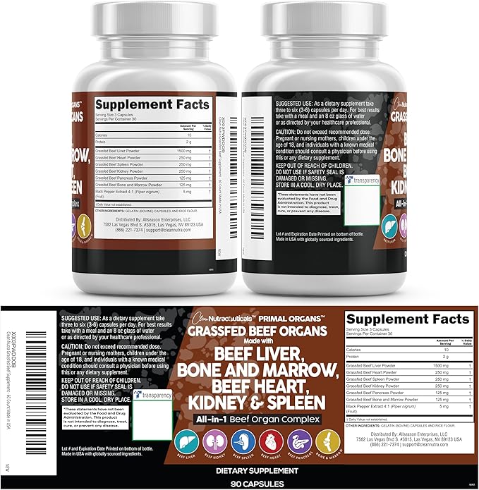 Clean Nutraceuticals Grass Fed Beef Liver Capsules - Premium Quality Supplement Packed with Desiccated Beef Heart Spleen Pancreas Plus Bone &amp Marrow Dao Enzyme Pills