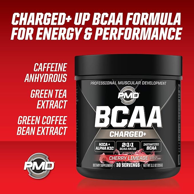 PMD Sports BCAA Charged Delicious Amino Acid Drink Mix for Performance Recovery Endurance and Hydration - Increase Muscle Function for Workout and Daily Energy – Cherry Limeade (30 Servings)