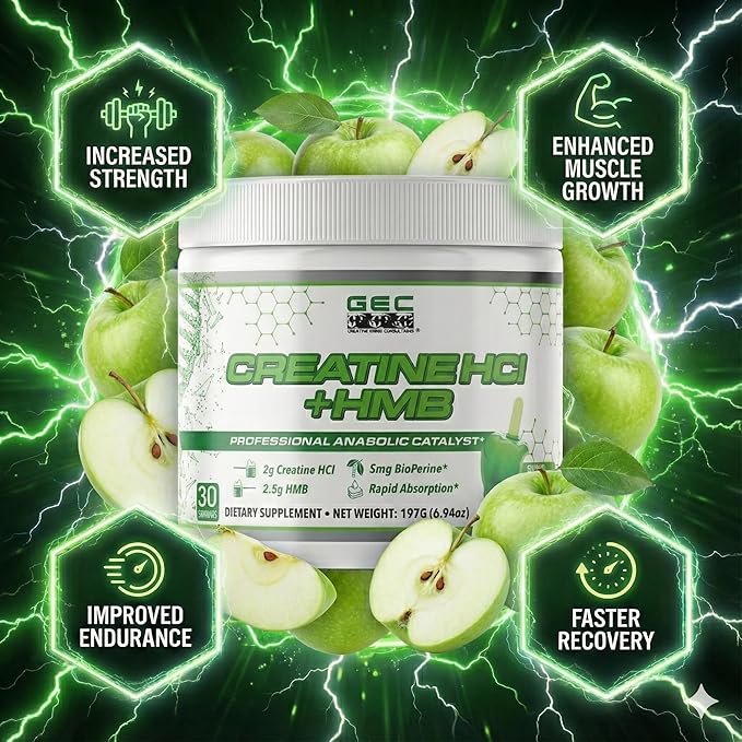 Creatine HCl + HMB for Athletes – Performance &amp Recovery Formula – 2g Creatine HCl 2.5g HMB – Fast Absorption No Bloat No Loading – 30 Servings – GEC (Standard Green Apple)