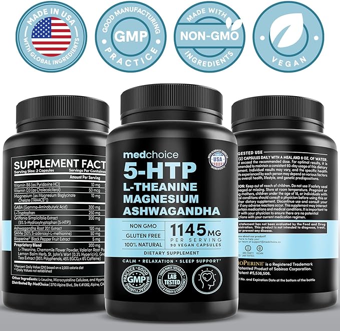 15-in-1 Mood Support Supplement - 5HTP 200mg Capsules with L-Theanine Magnesium Ashwagandha GABA Supplements 5 HTP Supplements with St. John's Wort and L-Tryptophan - 1145mg (90 Count Pack of 2)