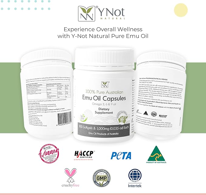 Y Not Natural Emu Oil Capsules - Heart Hair Metabolism &amp Joint Support Supplement - Pharmaceutical Grade Emu Oil with CLA Omegas 3 6 &amp 9 with Vitamin K2 A &amp E 1000mg 100 Capsules