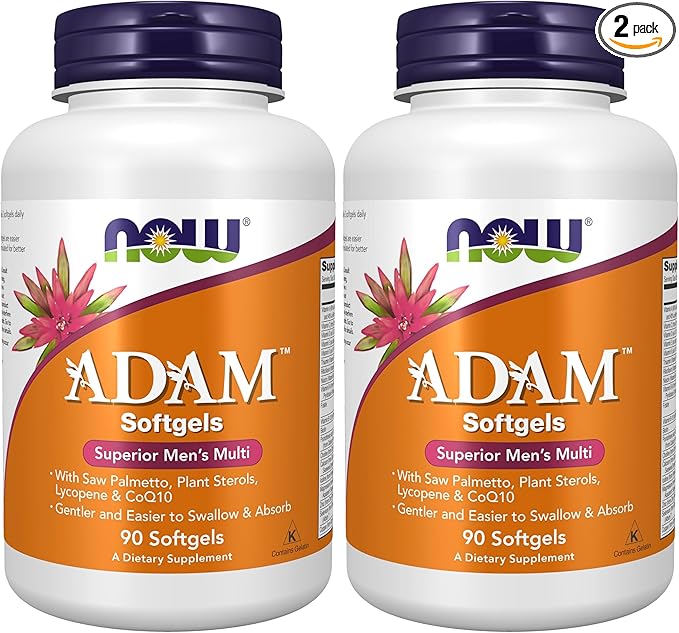 Now Supplements ADAM™ Men's Multivitamin with Saw Palmetto Plant Sterols Lycopene &amp CoQ10 90 Softgels (Pack of 2)