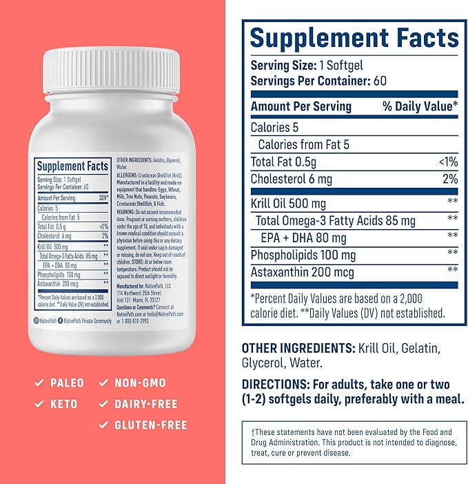 NativePath Antarctic Krill Oil - Wild-Caught Omega 3 Krill Oil 500mg Softgels with EPA DHA and Astaxanthin - Supplement for Joint Heart Brain and Immunity - 60 ct - No Fishy Aftertaste