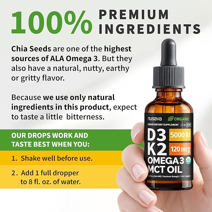 (4 Pack) Organic Vitamin D3 K2 Drops with MCT Oil Omega 3 5000 IU - Maximum Strength Vitamin D Liquid No Fillers Non-GMO Liquid D3 for Faster Absorption and Immune Support Unflavored 4 Fl Oz