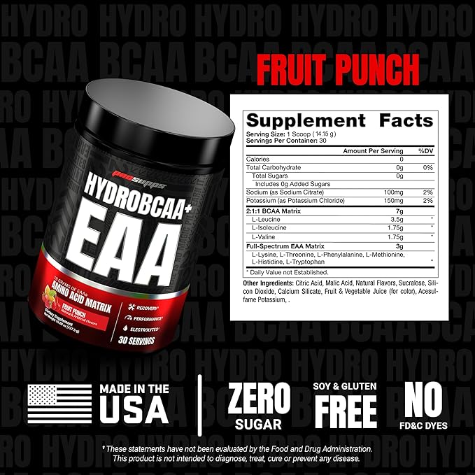 ProSupps HydroBCAA Essential Amino Acids Powder Fruit Punch - Workout Supplement with BCAA EAAs &amp Electrolytes for Hydration &amp Recovery - Stimulant-Free Soy &amp Gluten-Free - 30 Servings