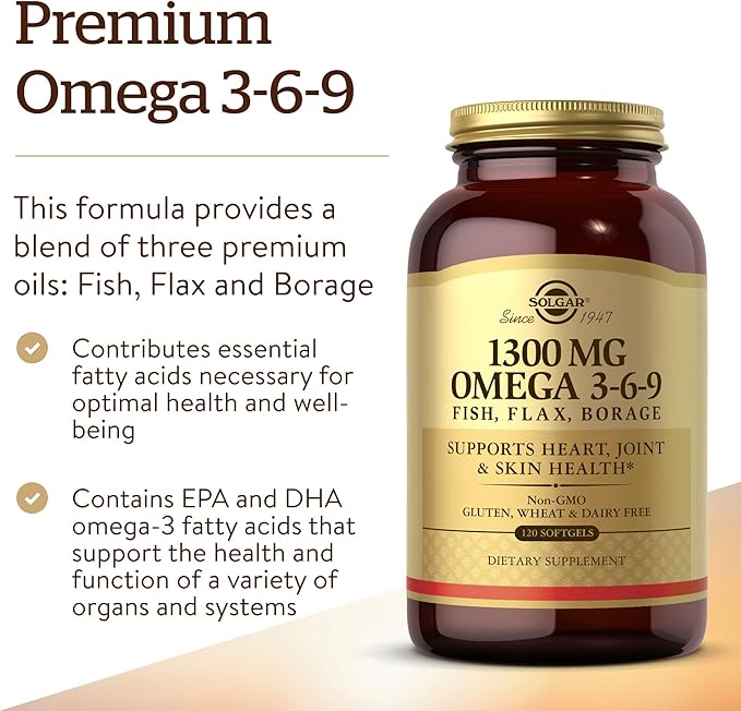 Solgar 1300 mg Omega 3-6-9 120 Softgels - Fish Oil Supplement - Support for Joint &amp Skin Health - Includes Flaxseed &amp Borage - Contains EPA &amp DHA Omega 3 Fatty Acids - 40 Servings