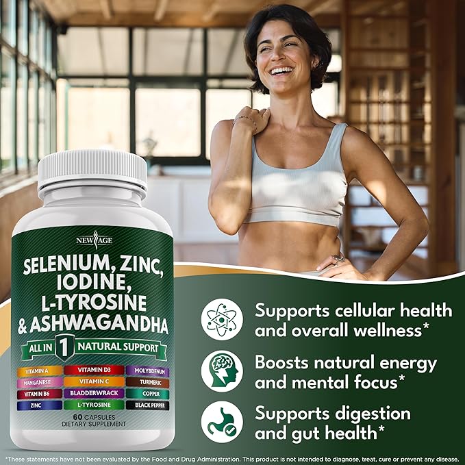 Selenium Zinc Iodine L Tyrosine Ashwagandha - Support Supplement for Women and Men with Bladderwrack Turmeric Silica Kelp Schisandra - 60 Count
