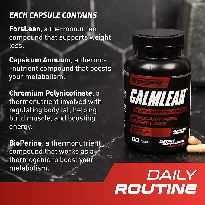 PrimeGENIX CalmLean Stimulant-Free Fat Burner | Weight Loss Supplement for Men | Appetite Suppressant Metabolism Booster | Thermogenic Nutrients | Non-Stimulant Fat Loss Formula