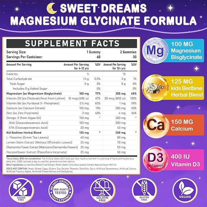 Magnesium Glycinate Gummies for Kids 4+: Sugar Free Magnesium Bisglycinate Gummy with Chamomile L-Theanine Lemon Balm B6 Omega 3 Zinc - Gluten Free Non-GMO Vegan Mixed Berry Flavor