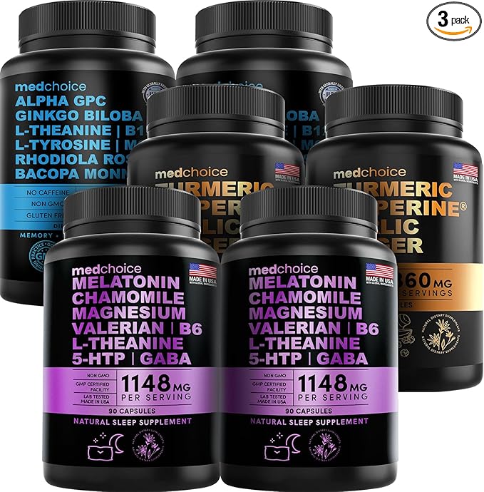 MEDCHOICE Sleep Melatonin (180ct) Turmeric &amp Ginger (240ct) and Nootropic Brain (120ct) Supplement Bundle - Wellness Trio for Brain Sleep &amp Immune Support - Vegan Non-GMO Gluten-Free