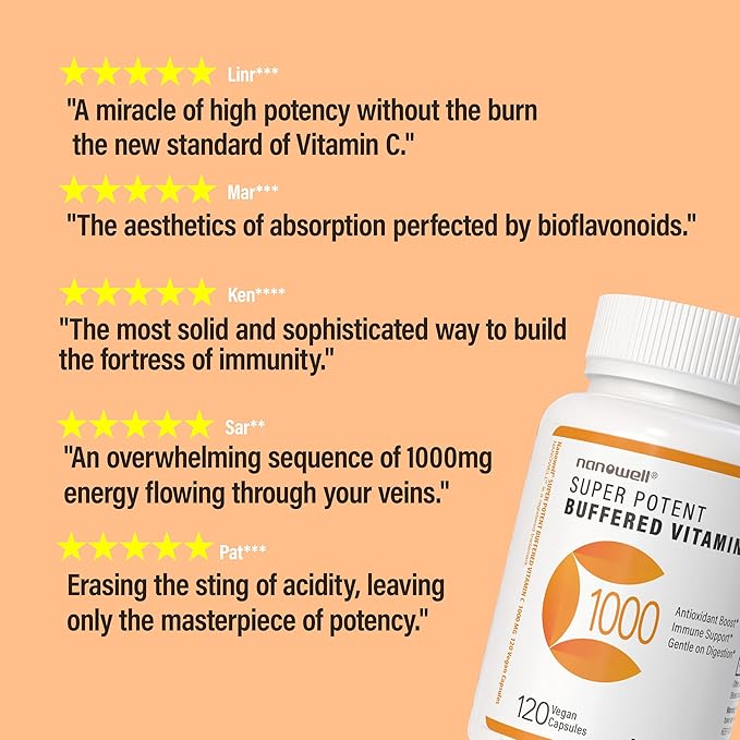 NANOWELL Super Potent Buffered Vitamin C 1000 mg with Bioflavonoid Complex - Antioxidant &amp Immune Support - Healthy Skin &amp Joints - Gluten Free - 180 Servings
