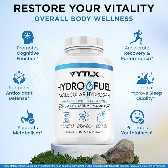 Hydrogen Water Tablets with Electrolytes | 12 PPM Molecular H2 Tablets for Drinking Water | Effervescent Hydrogen Water Tabs with Magnesium Sodium &amp Potassium (60 Count)
