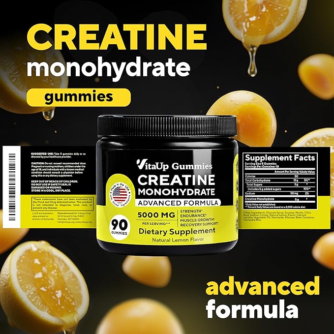 VitaUp Creatine Monohydrate Gummies for Men &amp Women - USA Made Monohydrate Creatine for Men 5000mg Per Serving - Supports Energy Levels Training Endurance &amp Muscle Performance - 90 Gummies