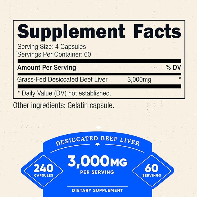 Nutricost Grass Fed Desiccated Beef Liver Capsules 3000mg Per Serv (750mg Per Cap) 240 Cap for 60 Servings - No Hormones GMO and Gluten Free Pasture-Raised Free Range Beef