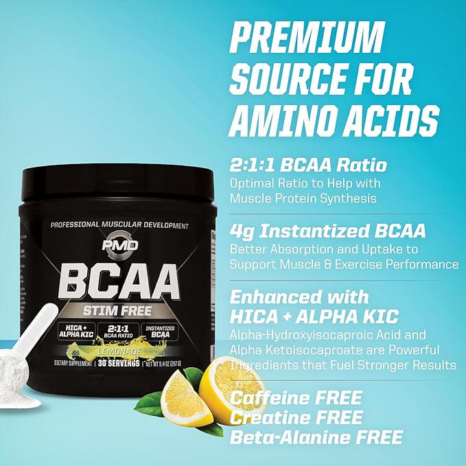 PMD Sports BCAA Stim-Free Amino Acids - Better Workout Performance Enhanced Recovery Daily Energy Muscle Builder and Muscle Sparing - BCAA Powder Drink Mix - Lemonade (30 Servings)