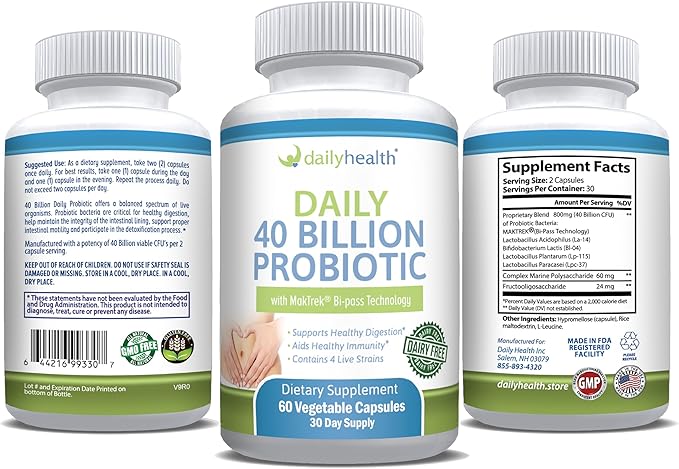 Daily Probiotic 40 Billion CFU MakTrek Bi-Pass Technology Digestion Immune Health 360 Veggie Capsules (6 Month Supply)