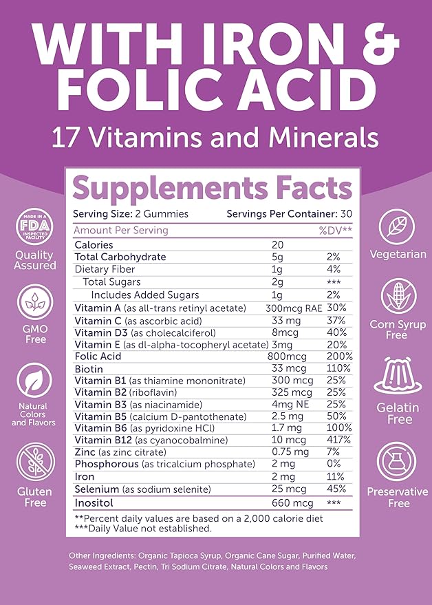 Lunakai USA Made 17-in-1 Prenatal Vitamins for Women with Iron &amp Folic Acid – Delicious Daily Prenatal Gummies for Maternal Wellness Support 60ct