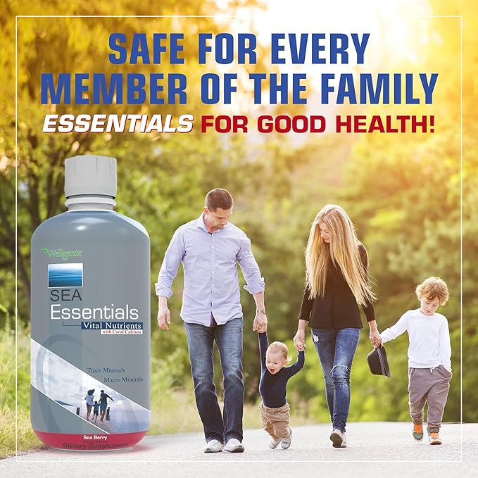 Wellgenix Sea Essentials Liquid Mineral Dietary Supplement with Trace and Macro Minerals and Coral Calcium – Sea Berry Flavor – 32 fl oz