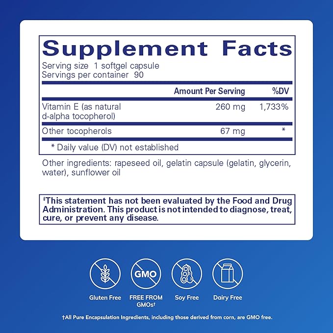 Pure Encapsulations Vitamin E (with Mixed Tocopherols) - Antioxidant Protection &amp Cellular Function - Contains Mixed Tocopherols - Non-GMO - 90 Softgel Capsules