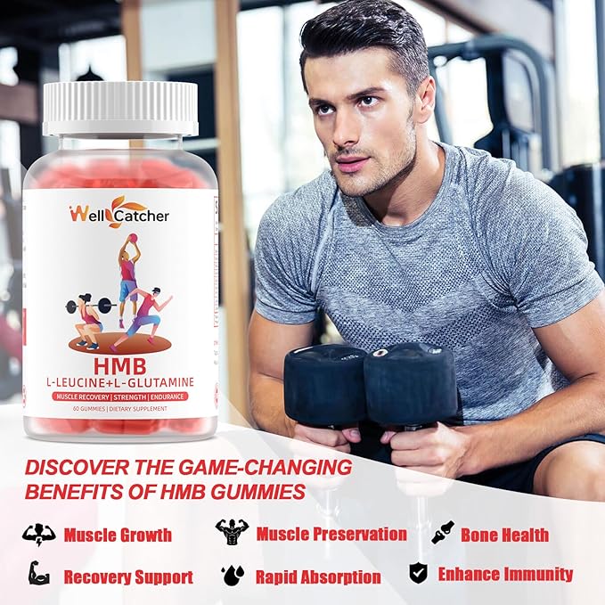 HMB and Leucine Amino Acid Gummies: HMB Supplements for Men Women with L-Glutamine for Muscle Growth Fast Workout Recovery Sugar Free Vegan Non-GMO Strawberry Flavored 30 Day Supply