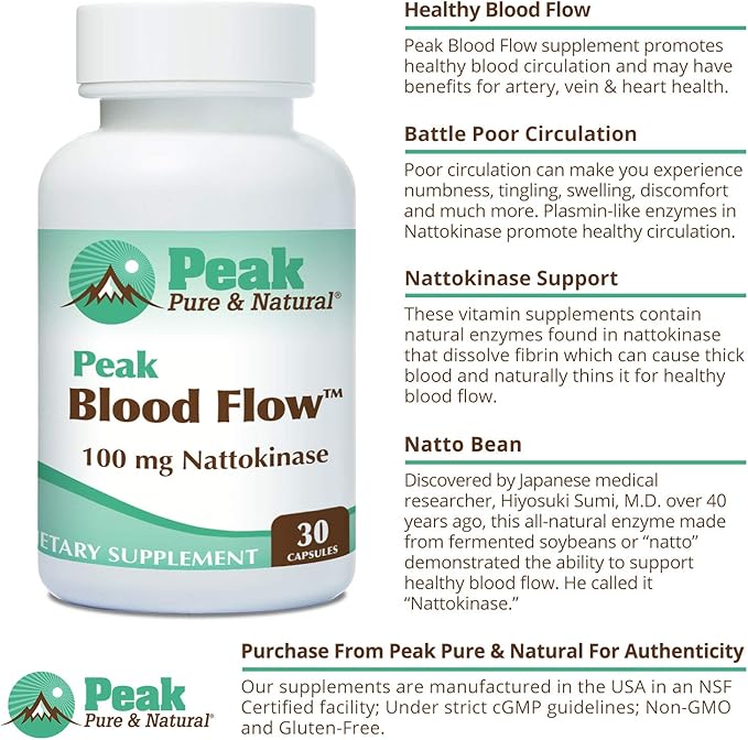 Peak Pure &amp Natural Peak Blood Flow - Nattokinase Supplement - Healthy Blood Circulation Supplements for Adults | 100mg - 30 Capsules