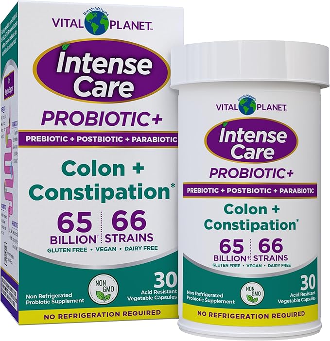 Vital Planet - Intense Care Colon &amp Constipation Probiotics Plus Organic Prebiotics Postbiotics Parabiotics Complete 4-in-1 Health Supplement for Adults 65 Billion CFU 66 Strains 30 ct
