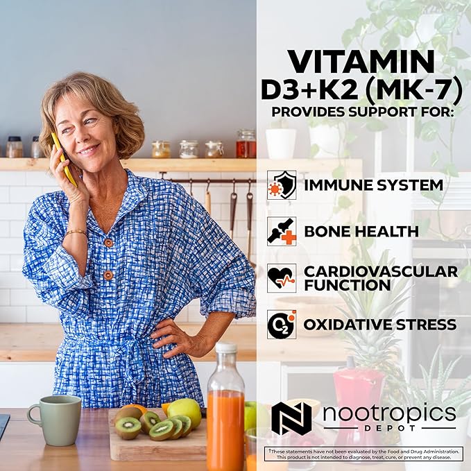 Nootropics Depot Vitamin D3 + K2 with Vitamin C Tablets | 365 Count | 125μg | Equivalent to 5000 IU | Year Supply