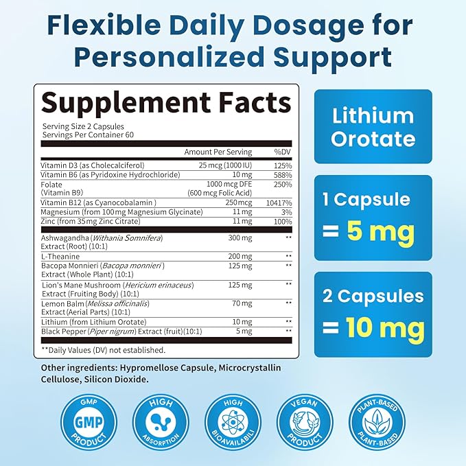 Lithium Orotate 5/10mg L-Theanine 200mg Ashwagandha 300mg - Mood Focus Memory Brain Supplements with Bacopa Monnieri Lion’s Mane Magnesium Zinc D3 B6 Folate B12 - 120 Vegan Capsules 2 Months