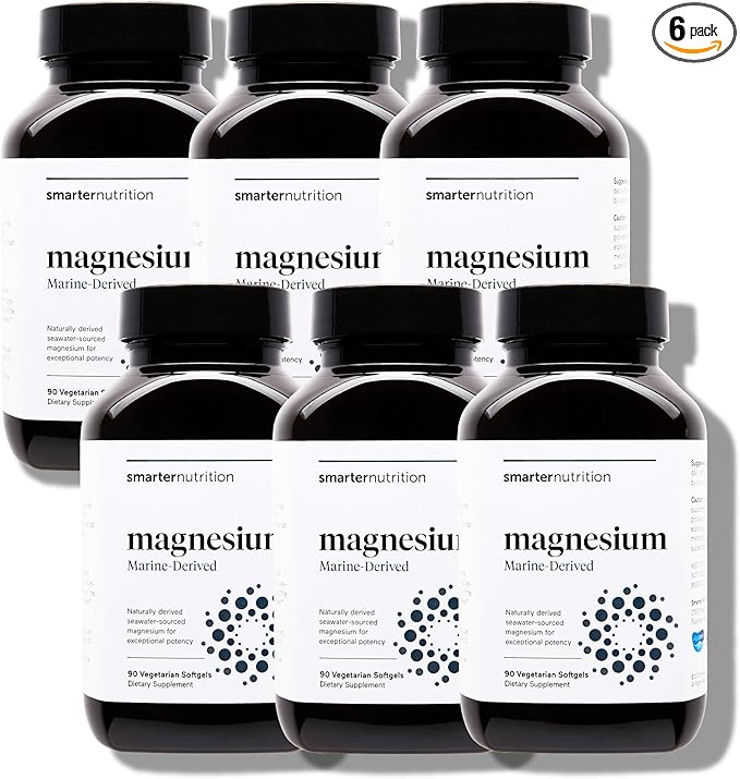 Smarter Nutrition Marine Magnesium Supplement 300mg - Naturally Sourced Clinically Tested Magnesium + Avocado Oil &amp AstraGin for High Absorption - Non-GMO (90 Count (Pack of 6))