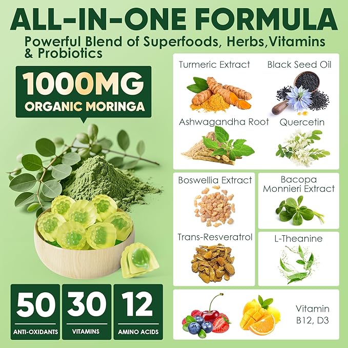 Moringa Gummies 1000mg for Women &amp Men Sugar-Free 13-in-1 Superfood with Turmeric Ashwagandha Trans-Resveratrol VB12 D3 Pure Moringa Leaf Supplement for Energy Immune SkinAntioxidant 60 C