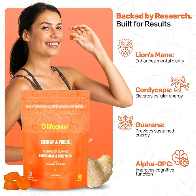 Life Cykel - AM Energy and Focus Mushroom Gummies 60 Count - Organic Lion's Mane Gummies with Cordyceps Guarana &amp Alpha GPC for Mental Clarity Natural Energy Endurance &amp Focus - Lemon Peac