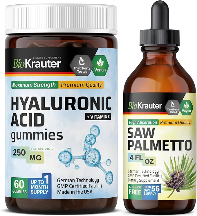 BIO KRAUTER Hyaluronic Acid 60 Gummies &amp Saw Palmetto Tincture 4 Fl. Oz.