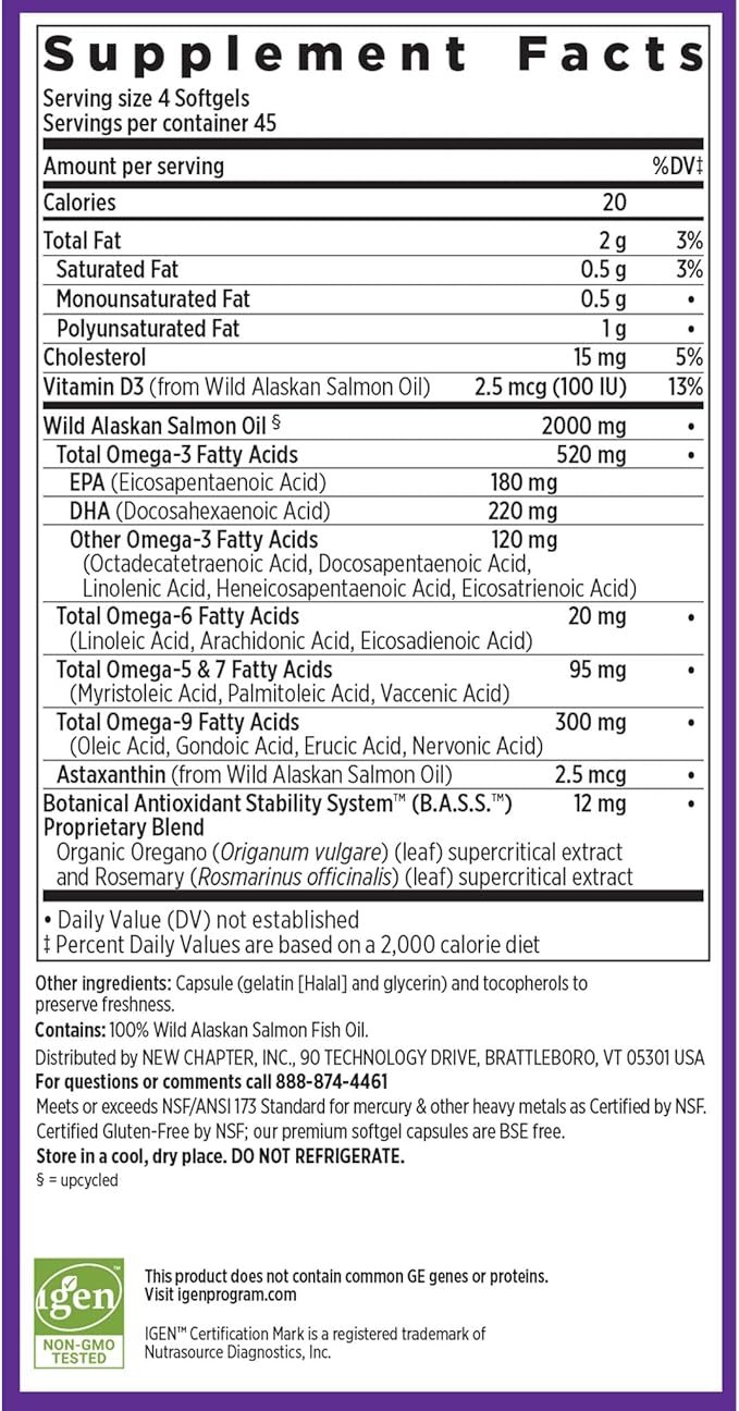 New Chapter Wholemega Fish Oil Supplement Tiny Capsules 2000mg per Serving Clinically Proven Wild Alaskan Salmon Oil with Omega-3 + Vitamin D3 + Astaxanthin 500mg per softgel - 180 Count