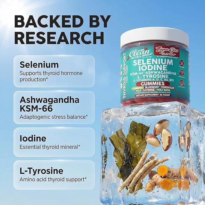 ThyroGlow Thyroid Support Gummies Selenium Iodine KSM 66 Ashwagandha L Tyrosine Vitamin D C B12 B6 Turmeric Blueberry Holy Basil Folate Bladderwrack By Clean Nutra