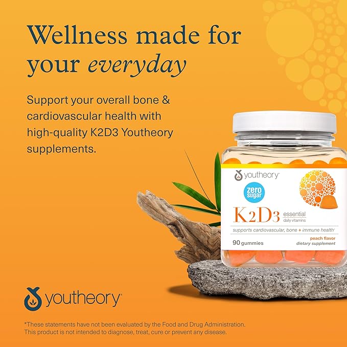 Youtheory K2D3 - Immune Bone &amp Heart Health Support - Combines Vitamin D3 &amp Vitamin K2 - Dairy Soy &amp Gluten Free - 90 Vegetarian Capsules