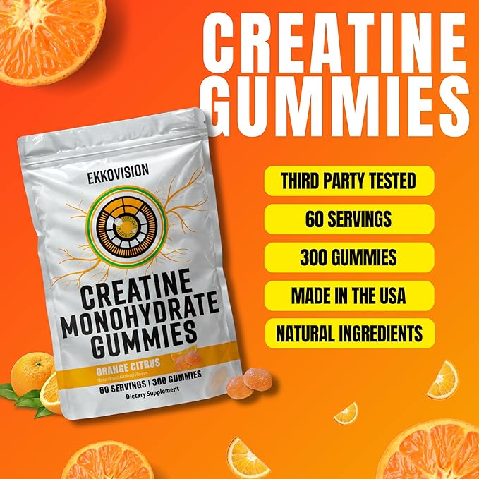 Ekkovision Creatine Monohydrate Gummies for Men and Women Orange Citrus Flavor Sugar Free Creatine Gummies for Pre Workout Muscle Strength and Recovery Vegan &amp Travel Friendly 300 Ct 60 Serv