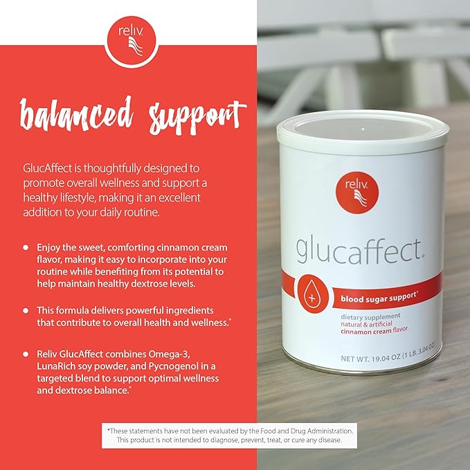 RELIV GlucAffect Support Powder - Omega 3 &amp LunaRich Blend for Balanced Dextrose Levels &amp Wellness Cinnamon Cream Flavor 19.04 oz
