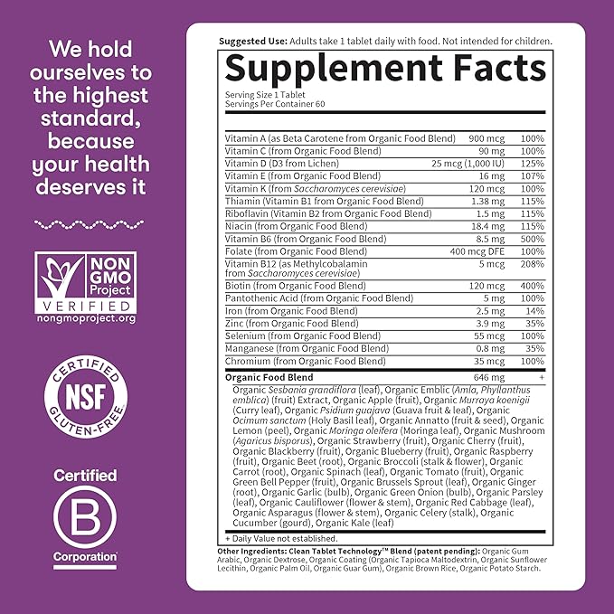 Garden of Life Organics Multivitamin for Women - Women's Once Daily Multi - Whole Food Multi with Iron Biotin Vegan Organic Womens Multivitamin for Health Energy Hair Skin and Nails 60 Tablets