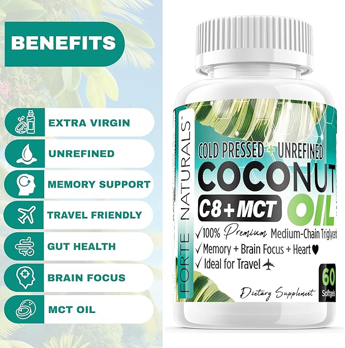 Coconut Oil Softgels Coconut Oil Capsules Super GLP-1 Gut Health Digestive Balance &amp Energy Support Cold Pressed Unrefined Non-GMO Keto Friendly Supplement for Daily Use Made in USA