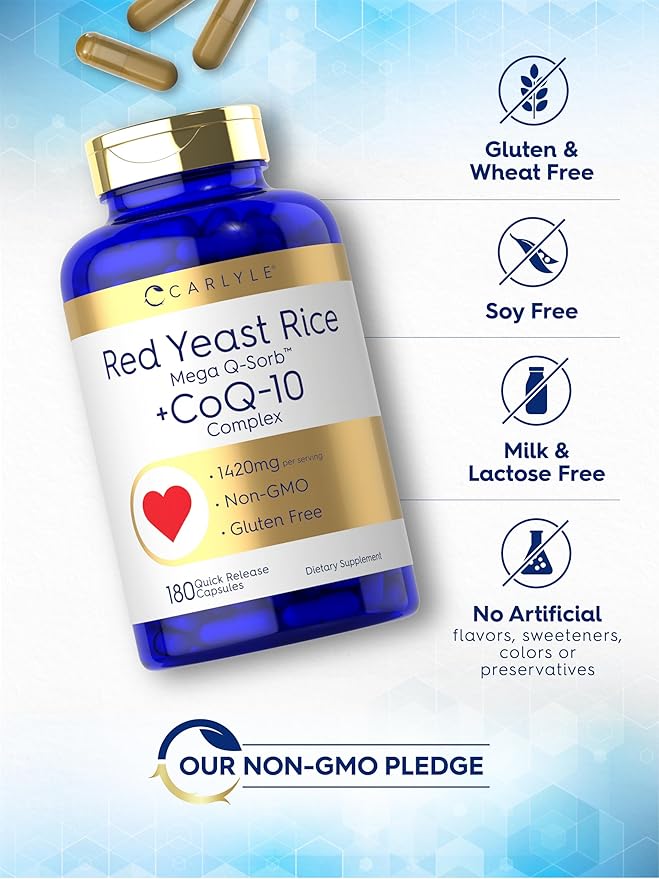 Carlyle Red Yeast Rice with CoQ10 Complex | 1420 mg | 180 Capsules | Mega Q-Sorb | Non-GMO Gluten Free Supplement