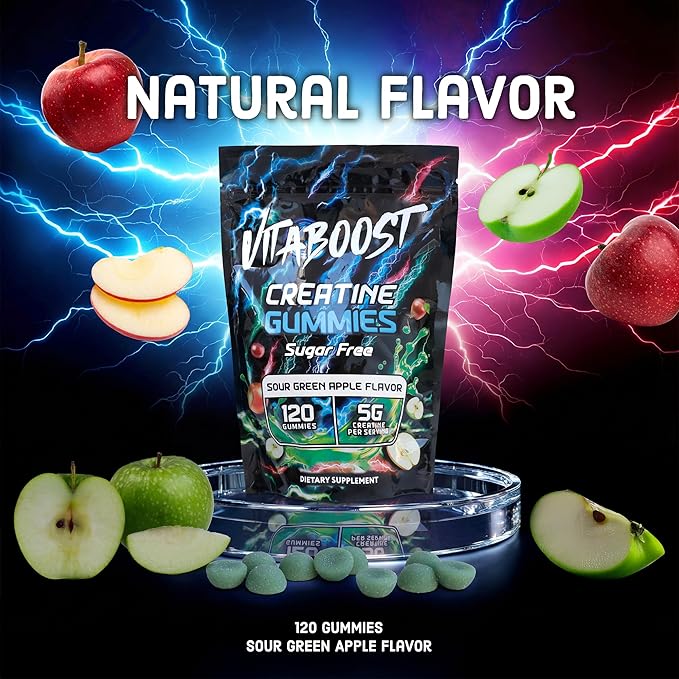 Sugar Free Creatine Monohydrate Gummies – 5g Creatine Per Serving Sour Green Apple Flavor Vegan Low-Calorie No Artificial Colors Made in USA (120 Gummies)