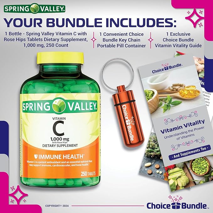 Choice Bundle Spring Valley Vitamin C 1000 mg Dietary Supplement Tablets with Rose Hips 250 Ct Plus Vitamin Guide &amp Portable Pill Container (3 Items)!