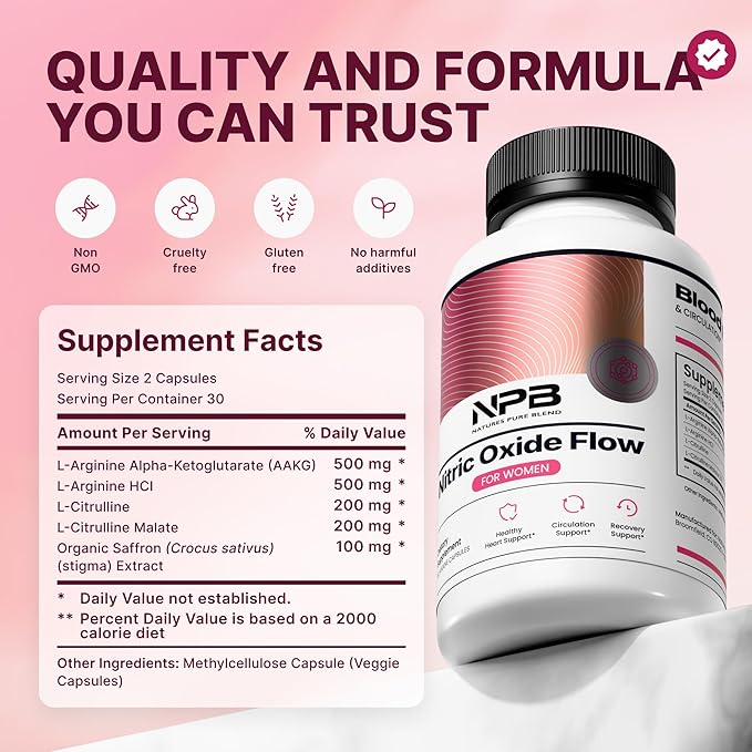 Nature's Pure Blend Nitric Oxide Supplements for Women – L-Arginine L-Citrulline – Heart Support &amp Flow Circulation Booster – 1500MG L Arginine and L Citrulline Preworkout Bodybuilding