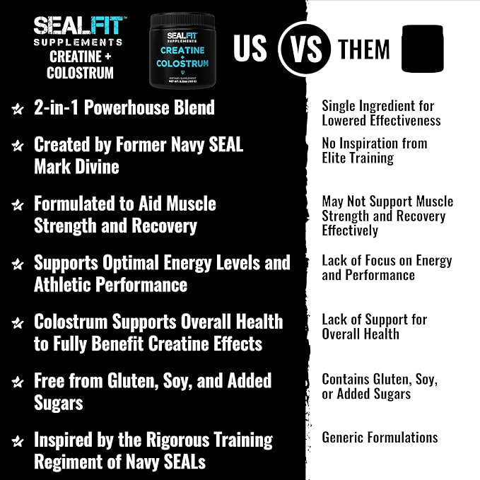 SEALFIT Creatine and Colostrum Powder - 5g Creatine Monohydrate + 1000mg Grass-Fed Bovine Colostrum per Scoop - Muscle Strength Recovery &amp Immune Support 30 Servings (6.35 oz)