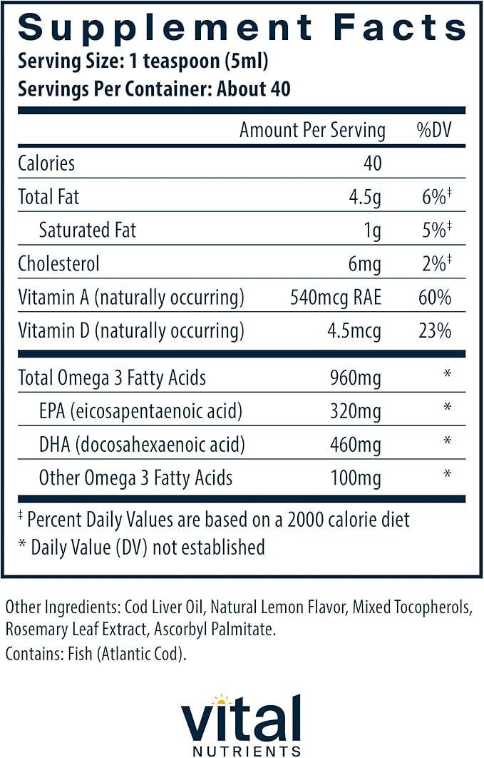Vital Nutrients - Ultra Pure Cod Liver Oil 1025 (Pharmaceutical Grade) - 100% Pure Norwegian Cod Liver Oil - 200 ml per Bottle