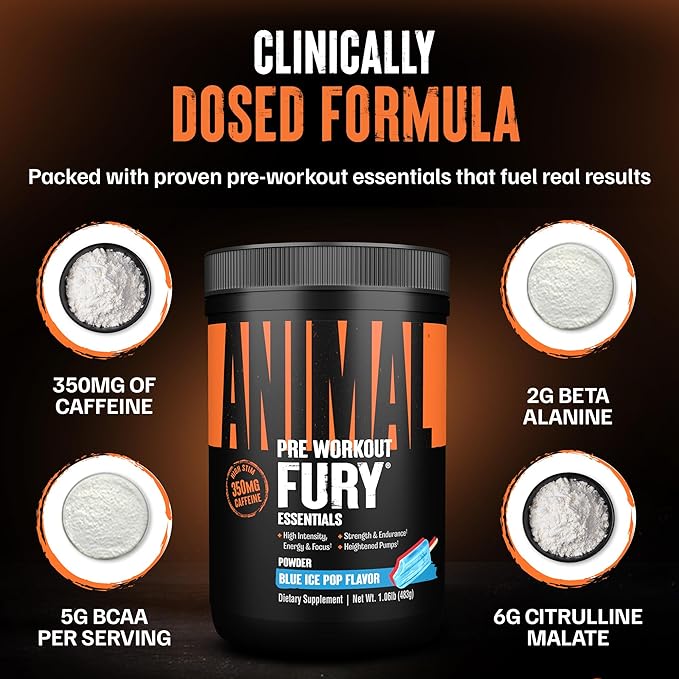 Animal Fury Pre Workout Powder – Blue Ice Pop 350mg Caffeine BCAA Amino Acids 2g Beta Alanine Citrulline &amp Tyrosine Energy Focus Strength Endurance Preworkout for Men &amp Women 30 Serv