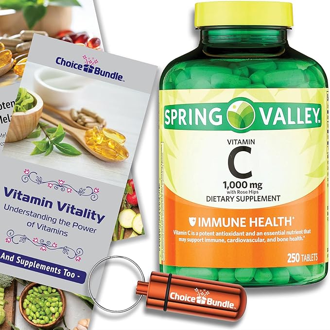 Choice Bundle Spring Valley Vitamin C 1000 mg Dietary Supplement Tablets with Rose Hips 250 Ct Plus Vitamin Guide &amp Portable Pill Container (3 Items)!