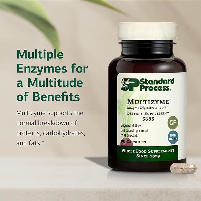 Standard Process Multizyme - Pancreatic Enzyme Supplement to Support the Breakdown of Proteins Carbohydrates &amp Fats - Digestive Support - Gluten-Free Non-Dairy &amp Non-Soy - 90 Capsules (90 Se