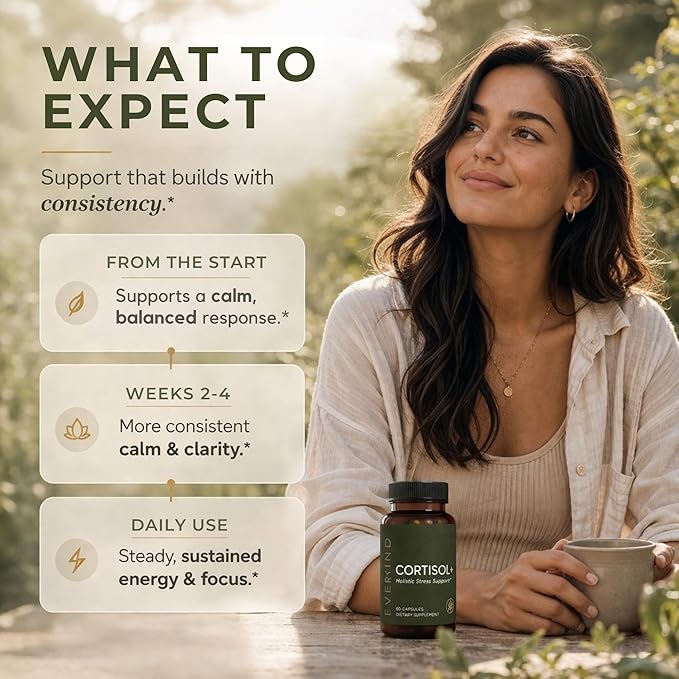 EVEKIND Cortisol Supplement for Women | Stress Support for Mood Energy &amp Hormone Balance | Calm Focus &amp Daily Reset | Adaptogen Blend with KSM-66® Ashwagandha Rhodiola L-Theanine | 60 Caps
